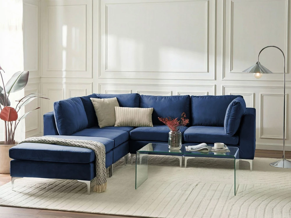 Beliani EVJA modulinė kampinė sofa 4 asmenims su pufu, aksominė, tamsiai mėlyna, dešininė
