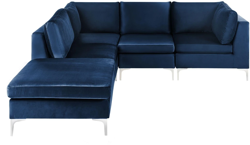 Beliani EVJA modulinė kampinė sofa 4 asmenims su pufu, aksominė, tamsiai mėlyna, dešininė