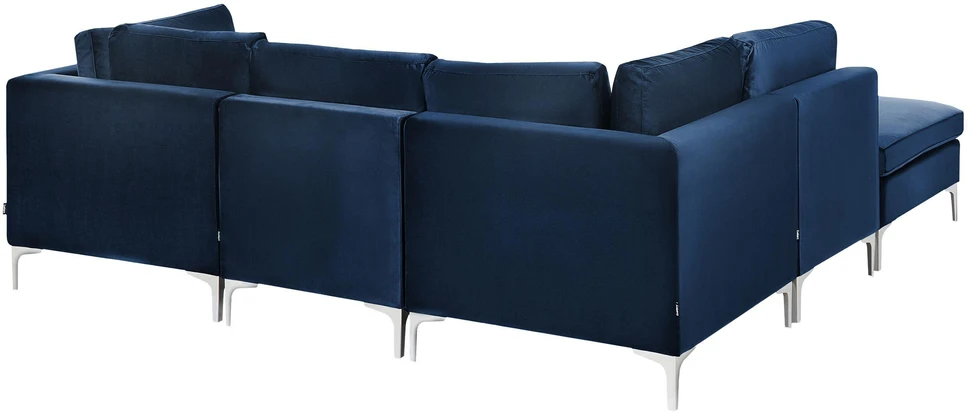 Beliani EVJA modulinė kampinė sofa 4 asmenims su pufu, aksominė, tamsiai mėlyna, dešininė