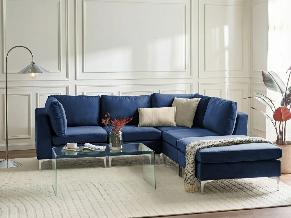 Beliani EVJA modulinė kampinė sofa 4 vietų su pufu, veliūras, tamsiai mėlyna, kairinė