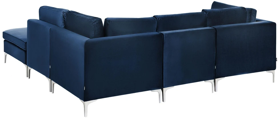 Beliani EVJA modulinė kampinė sofa 4 vietų su pufu, veliūras, tamsiai mėlyna, kairinė