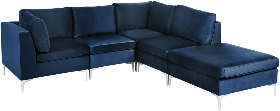 Beliani EVJA modulinė kampinė sofa 4 vietų su pufu, veliūras, tamsiai mėlyna, kairinė