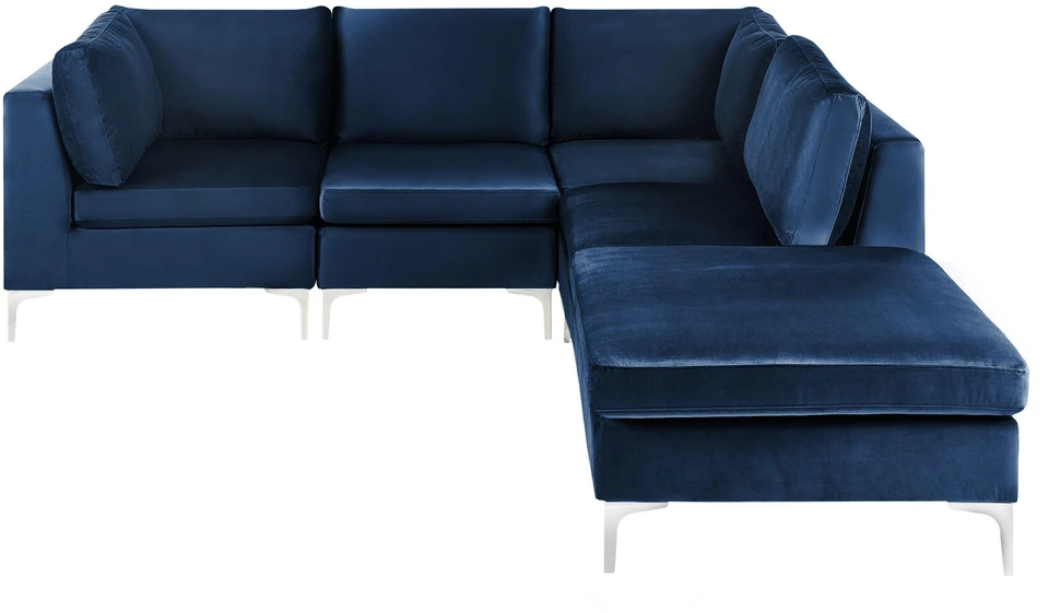 Beliani EVJA modulinė kampinė sofa 4 vietų su pufu, veliūras, tamsiai mėlyna, kairinė