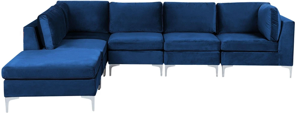 Beliani EVJA modulinė kampinė sofa 5 asmenims su pufu, mėlynas veliūras, dešininė