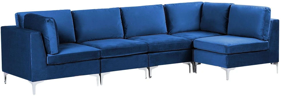 Beliani EVJA modulinė kampinė sofa 5 asmenims, tamsiai mėlyno veliūro, kairinė