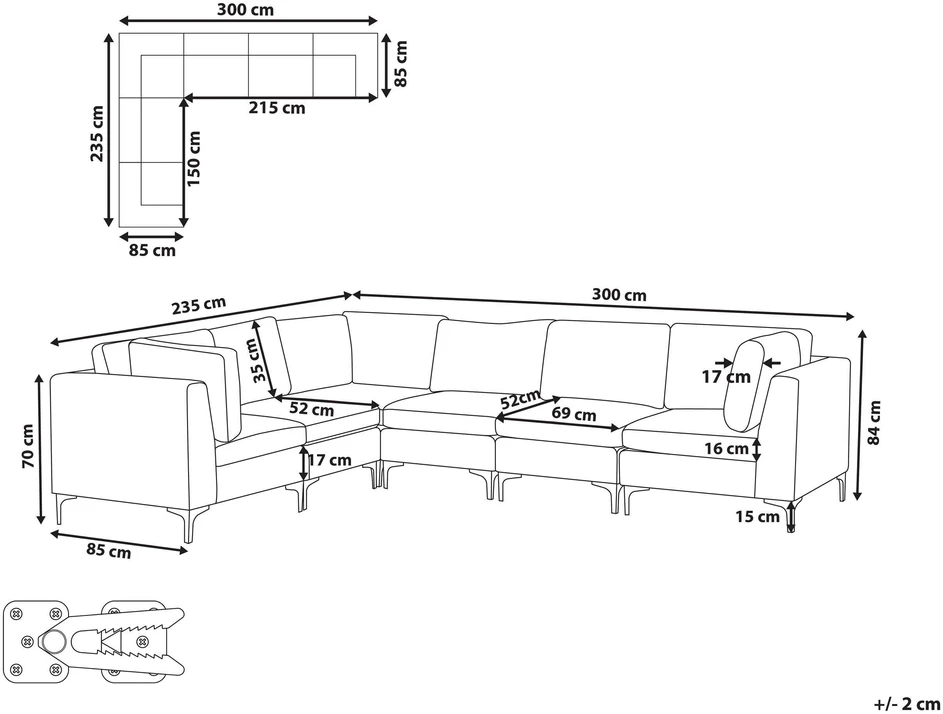 Beliani EVJA modulinė kampinė sofa 6 asmenims, mėlynas aksomas, dešininė