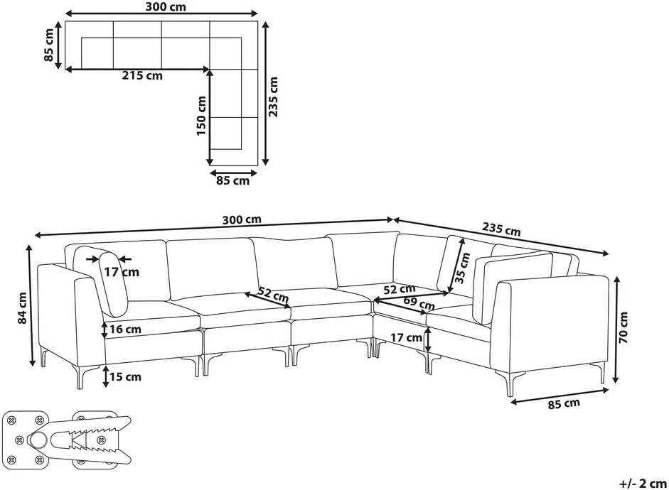 Beliani EVJA modulinė kampinė sofa 6 asmenims, tamsiai mėlyna veliūrinė, kairinė