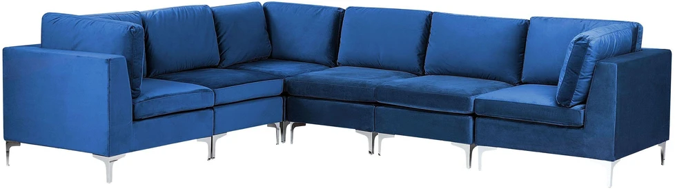 Beliani EVJA modulinė kampinė sofa 6 asmenims, mėlynas aksomas, dešininė