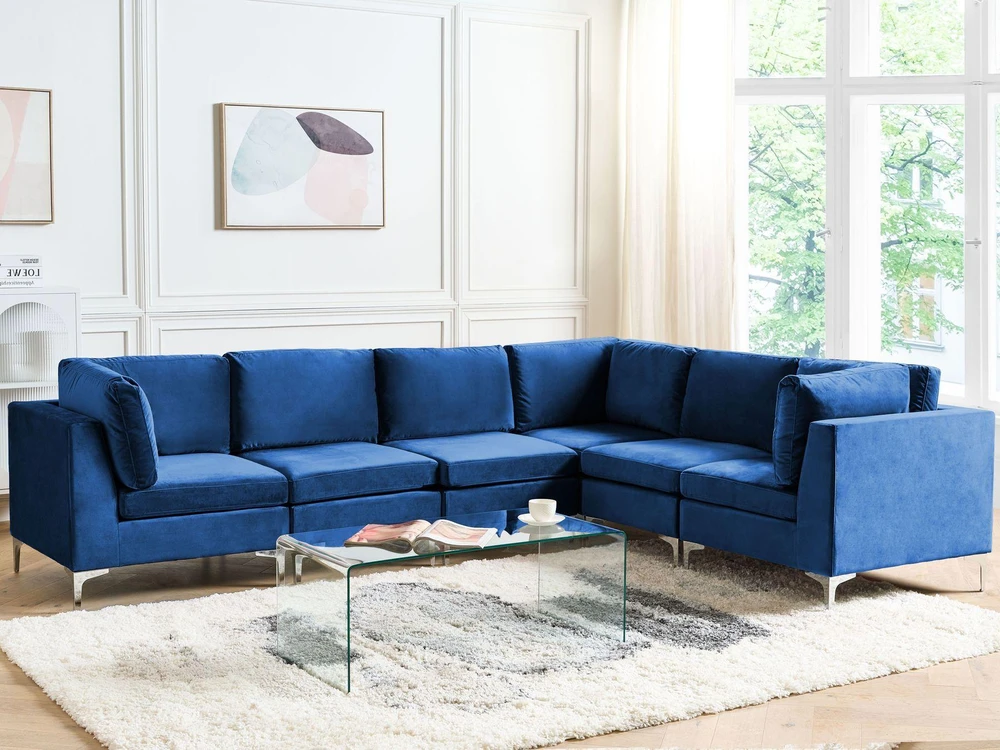 Beliani EVJA modulinė kampinė sofa 6 asmenims, tamsiai mėlyna veliūrinė, kairinė