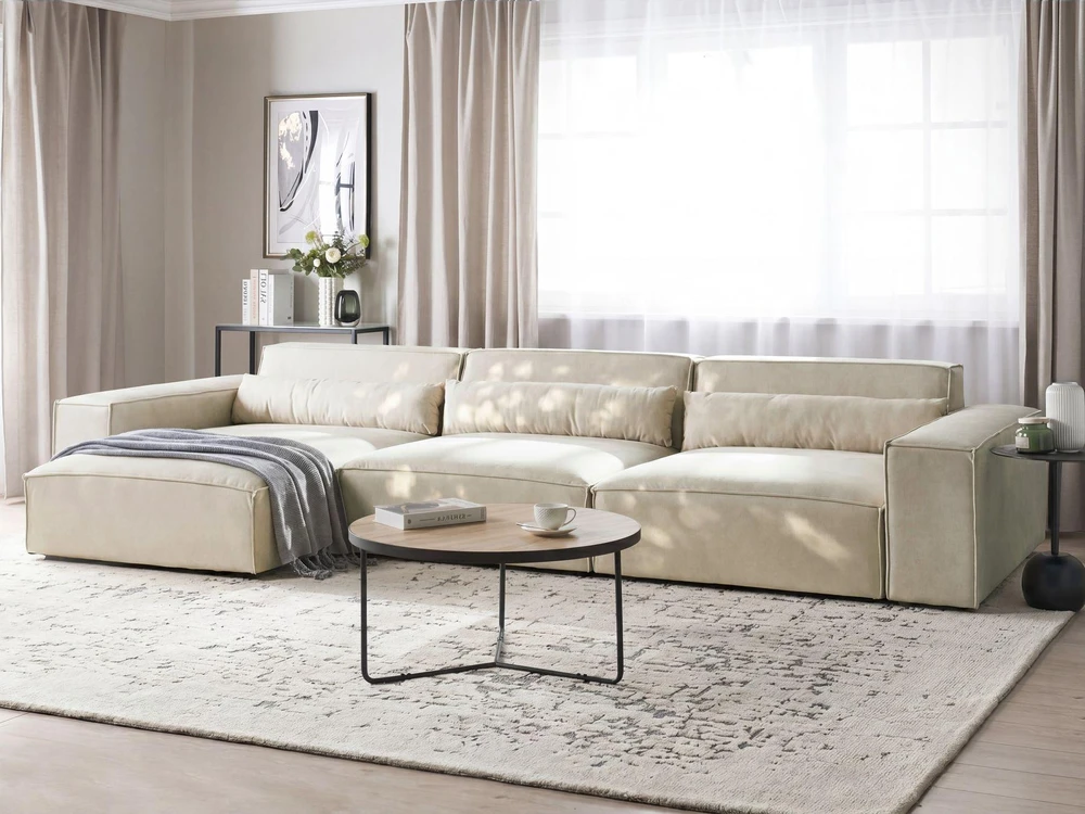 Beliani HELLNAR dešininė modulinė kampinė sofa 4 vietų, šviesiai smėlinė, veliūrinė