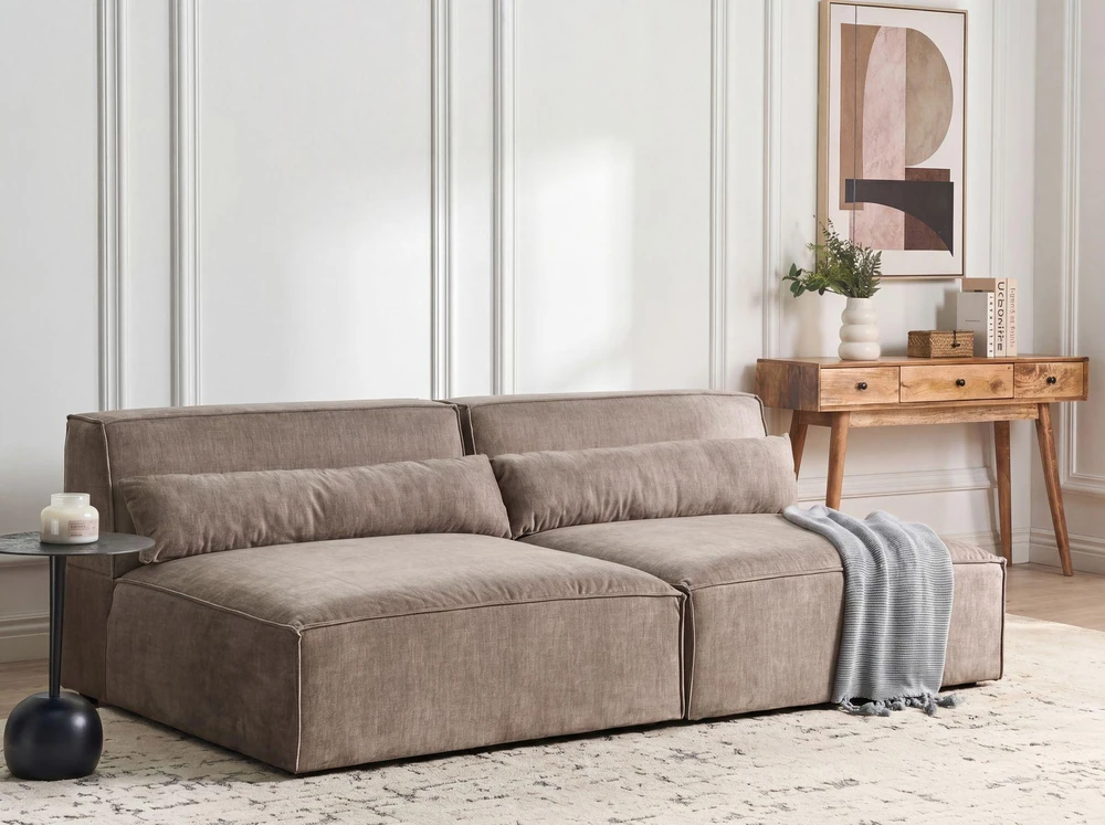 Beliani HELLNAR modulinė kampinė sofa 3 vietų su pufu, šviesiai ruda, kairinė