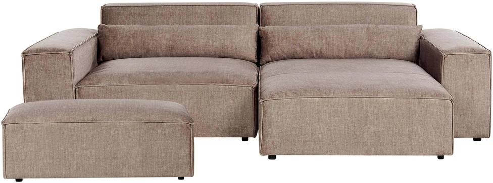 Beliani HELLNAR modulinė kampinė sofa 3 vietų su pufu, šviesiai ruda, kairinė