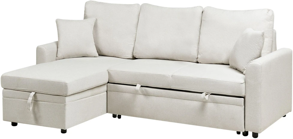 Beliani Išskleidžiama 3 vietų kampinė sofa NASSJO sintetinis linas šviesiai smėlio spalvos dešininė
