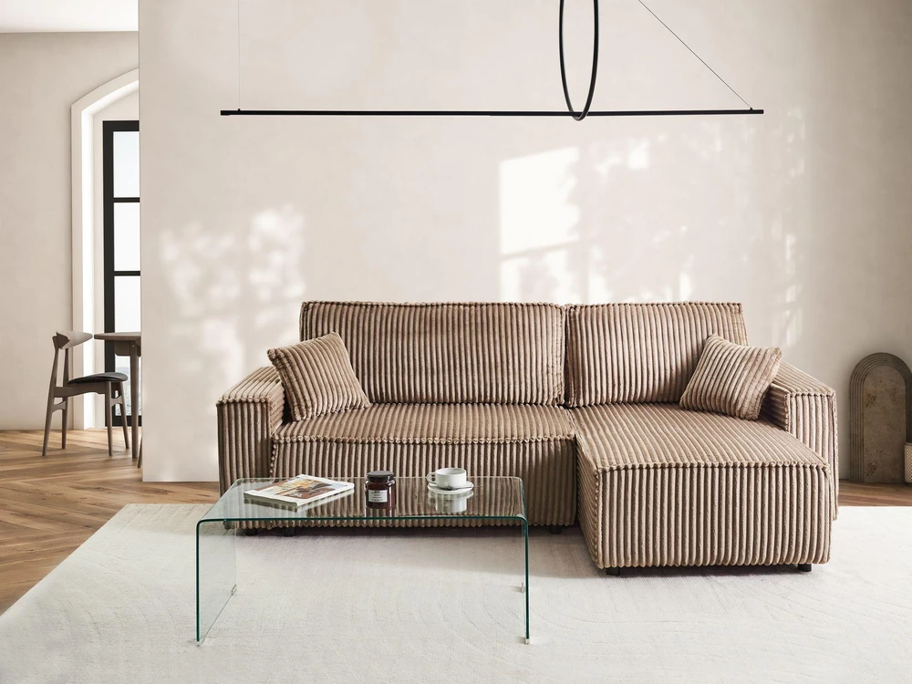 Beliani Išskleidžiama 3 vietų kampinė sofa ABACKA iš velveto, šviesiai ruda, su patalynės dėže, kairinė