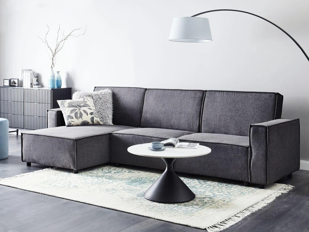 Beliani Išskleidžiama 3 vietų kampinė sofa ROMEDAL II Grafito spalvos