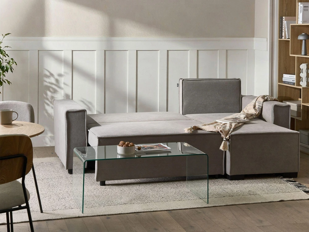 Beliani Išskleidžiama 3 vietų kampinė sofa EDANE, pilka, su patalynės dėže, kairinė