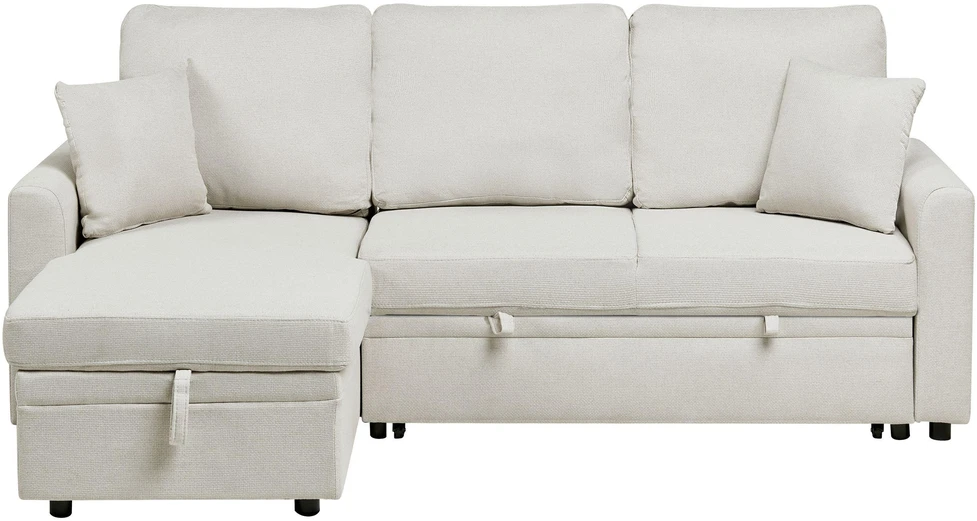 Beliani Išskleidžiama 3 vietų kampinė sofa NASSJO sintetinis linas šviesiai smėlio spalvos dešininė