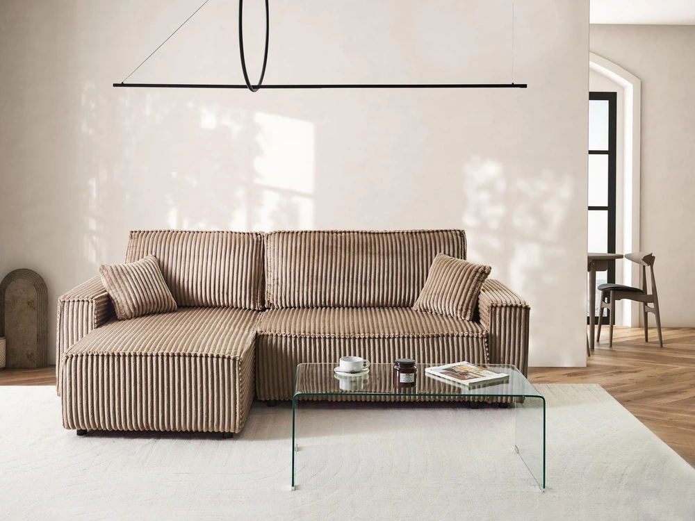 Beliani Išskleidžiama 3 vietų kampinė sofa ABACKA, velvetas, šviesiai ruda, su patalynės dėže, dešininė