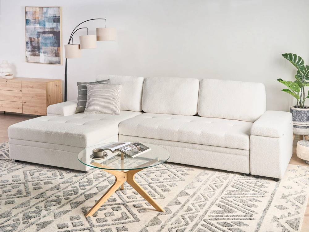 Beliani Išskleidžiama 3 vietų kampinė sofa HRISEY Boucle balta su daiktadėže, dešininė