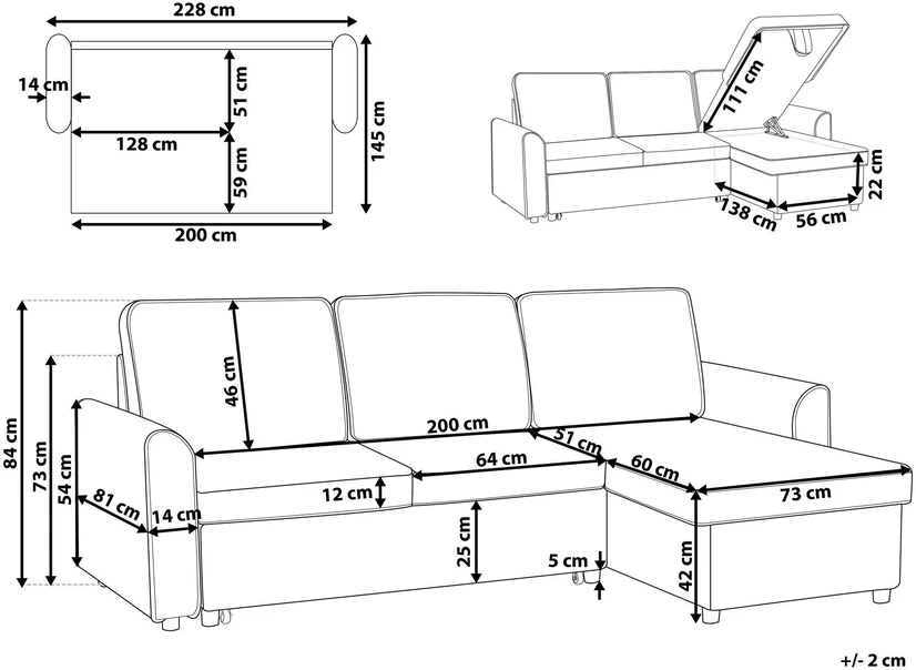 Beliani Išskleidžiama 3 vietų kampinė sofa NESNA, šviesiai pilka, su patalynės dėže, kairinė