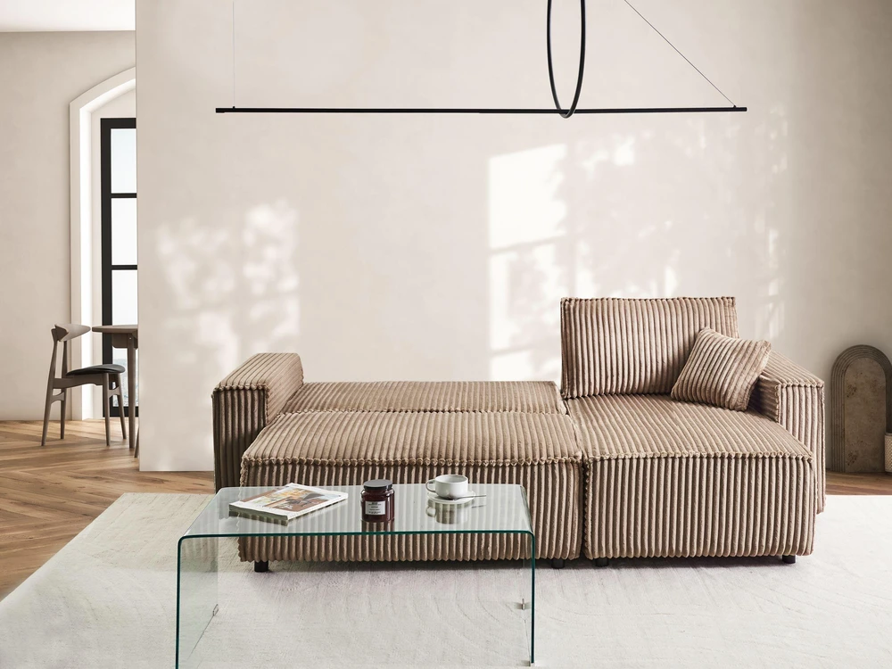 Beliani Išskleidžiama 3 vietų kampinė sofa ABACKA iš velveto, šviesiai ruda, su patalynės dėže, kairinė