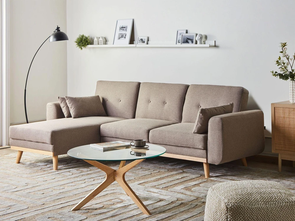 Beliani Išskleidžiama 3 vietų kampinė sofa KAARINA, šviesiai ruda, dešininė
