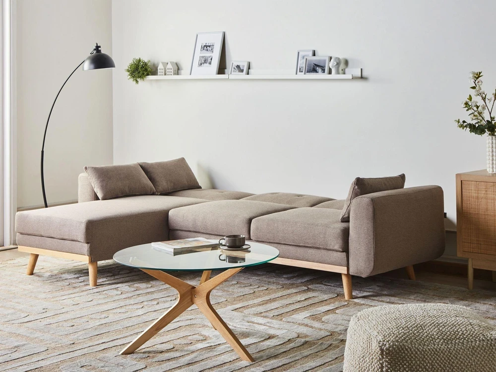Beliani Išskleidžiama 3 vietų kampinė sofa KAARINA, šviesiai ruda, dešininė