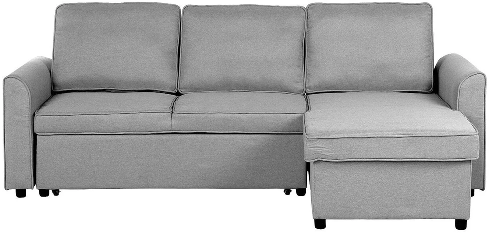 Beliani Išskleidžiama 3 vietų kampinė sofa NESNA, šviesiai pilka, su patalynės dėže, kairinė