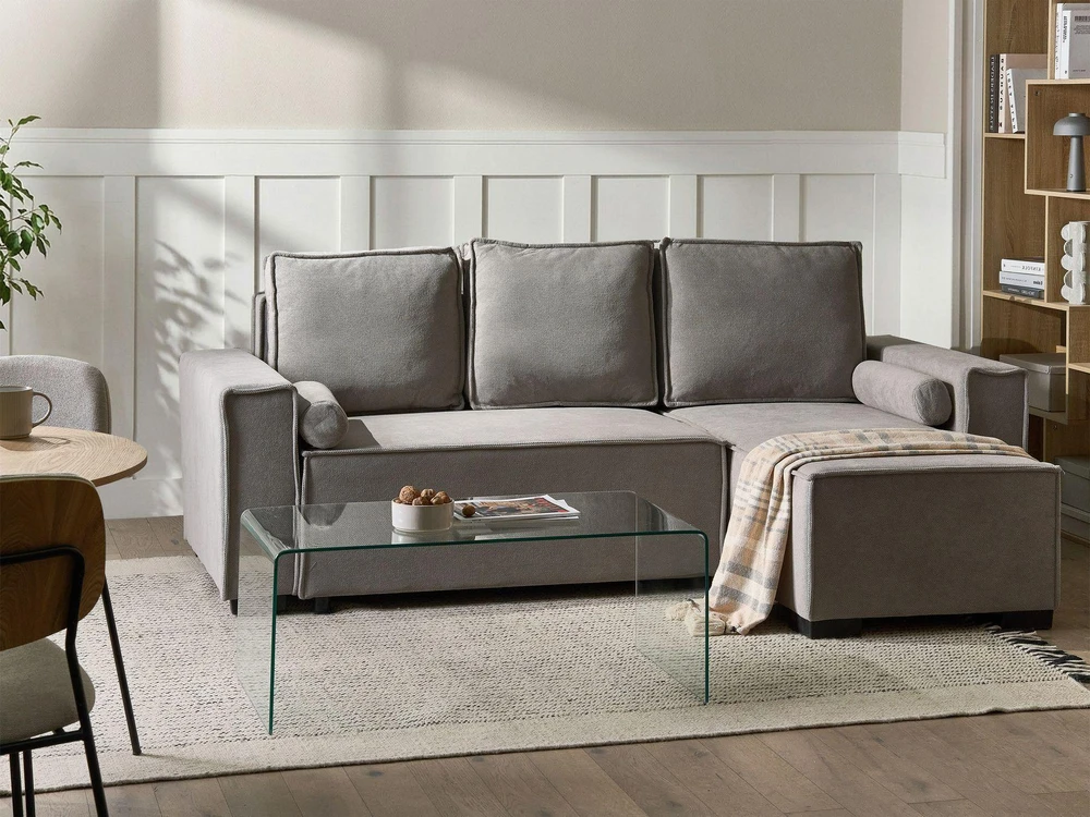 Beliani Išskleidžiama 3 vietų kampinė sofa EDANE, pilka, su patalynės dėže, kairinė