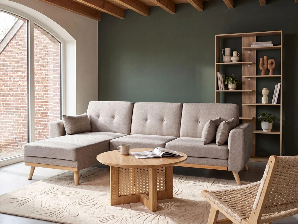 Beliani Išskleidžiama 3 vietų kampinė sofa KAARINA, smėlio spalvos, dešininė
