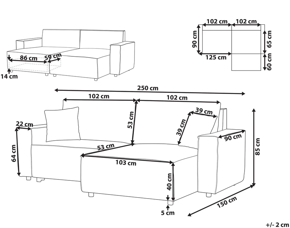 Beliani Išskleidžiama 3 vietų kampinė sofa KARILA, pilka, su daiktadėže, kairinė