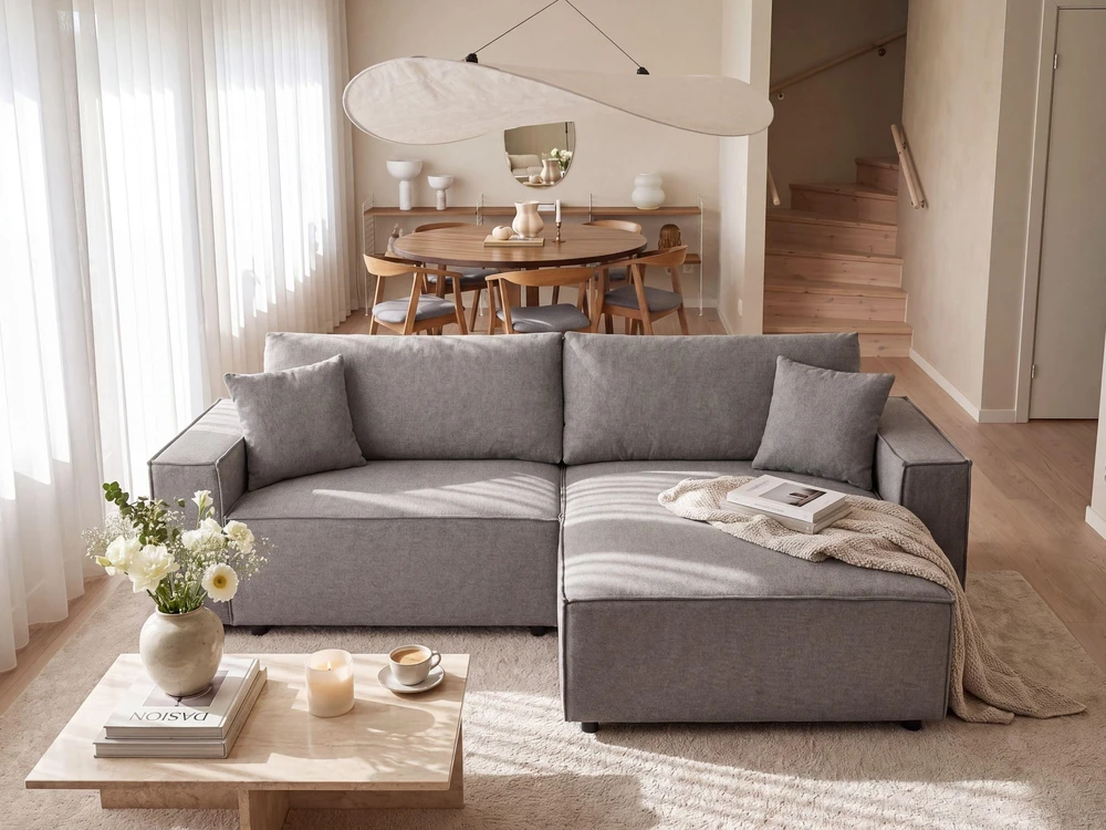 Beliani Išskleidžiama 3 vietų kampinė sofa KARILA, pilka, su daiktadėže, kairinė