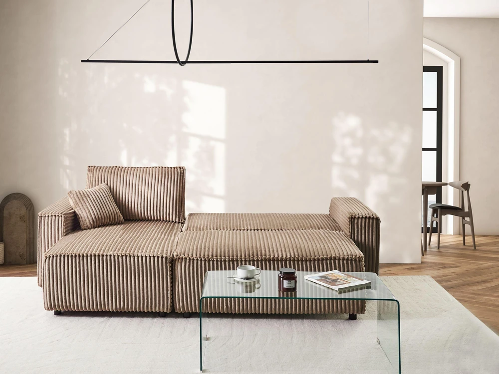 Beliani Išskleidžiama 3 vietų kampinė sofa ABACKA, velvetas, šviesiai ruda, su patalynės dėže, dešininė