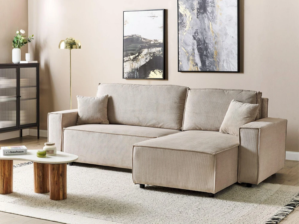 Beliani Išskleidžiama 3 vietų kampinė sofa ABACKA, velvetas, smėlio spalvos, kairinė