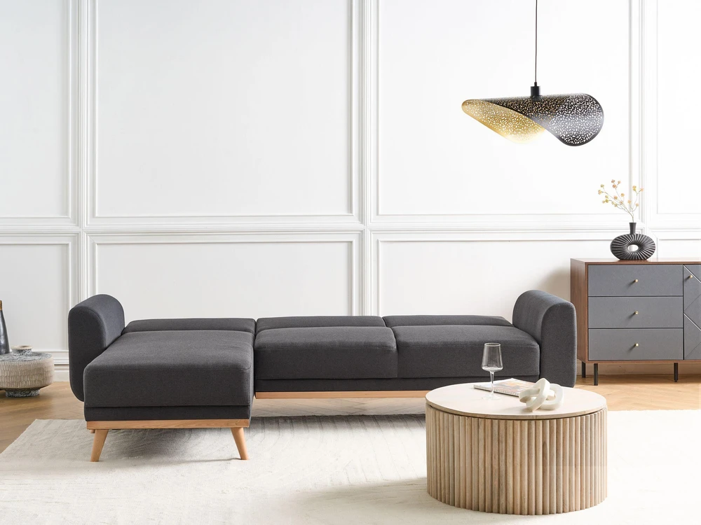 Beliani Išskleidžiama 3 vietų kampinė sofa OLLSTA, juoda, dešininė