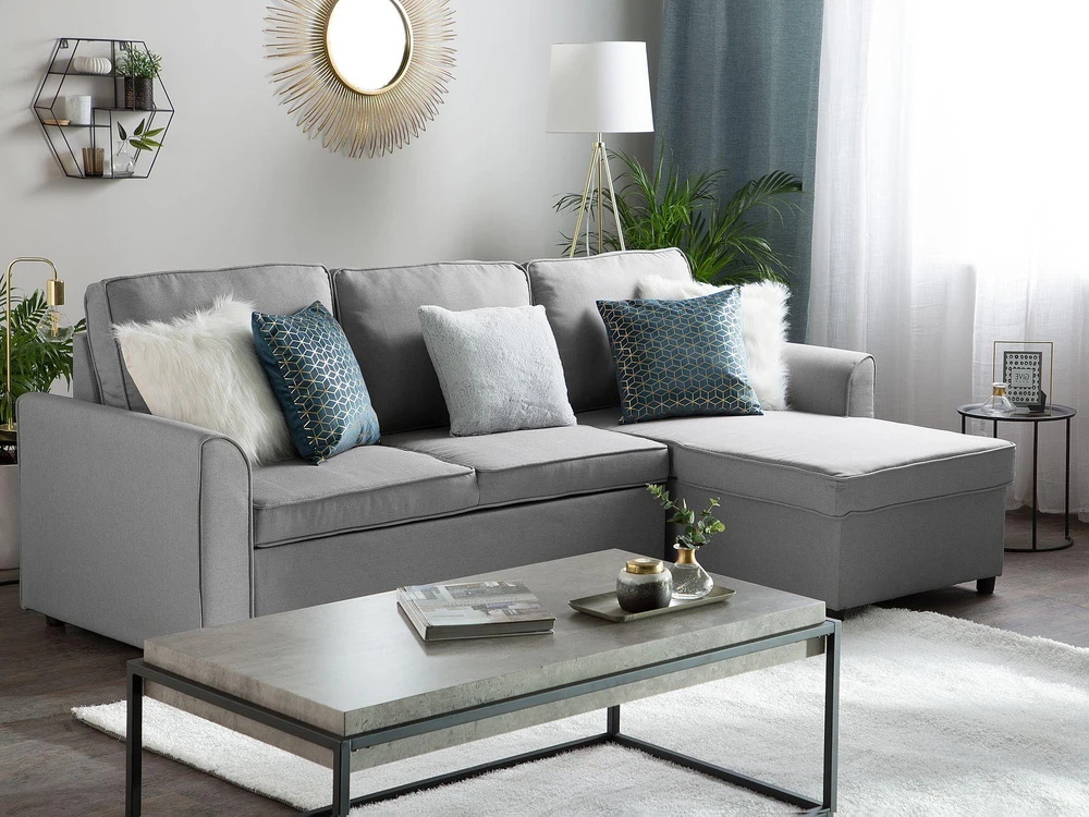 Beliani Išskleidžiama 3 vietų kampinė sofa NESNA, šviesiai pilka, su patalynės dėže, kairinė