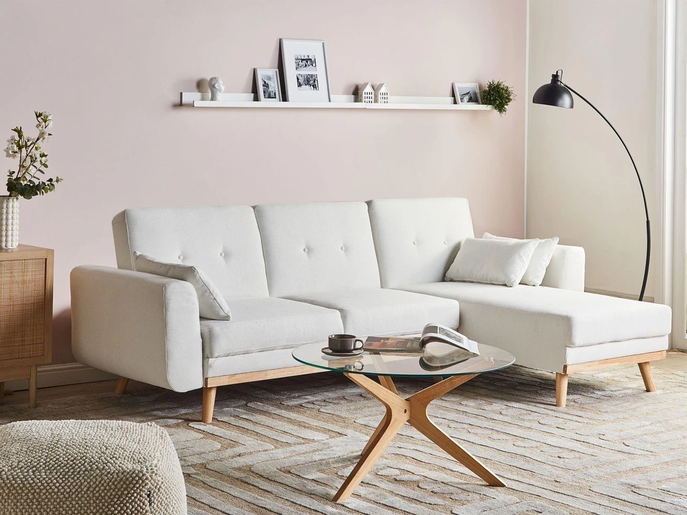 Beliani Išskleidžiama 3 vietų kampinė sofa KAARINA, balta, kairinė