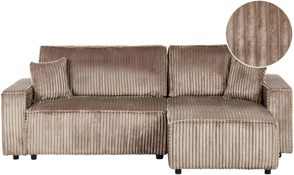 Beliani Išskleidžiama 3 vietų kampinė sofa ABACKA iš velveto, šviesiai ruda, su patalynės dėže, kairinė