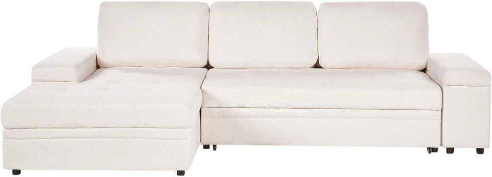 Beliani Išskleidžiama 3 vietų kampinė sofa HRISEY Boucle balta su daiktadėže, dešininė
