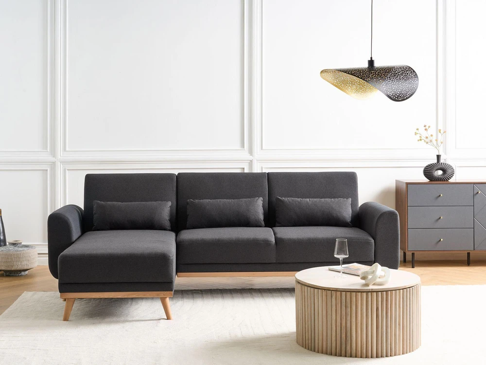 Beliani Išskleidžiama 3 vietų kampinė sofa OLLSTA, juoda, dešininė