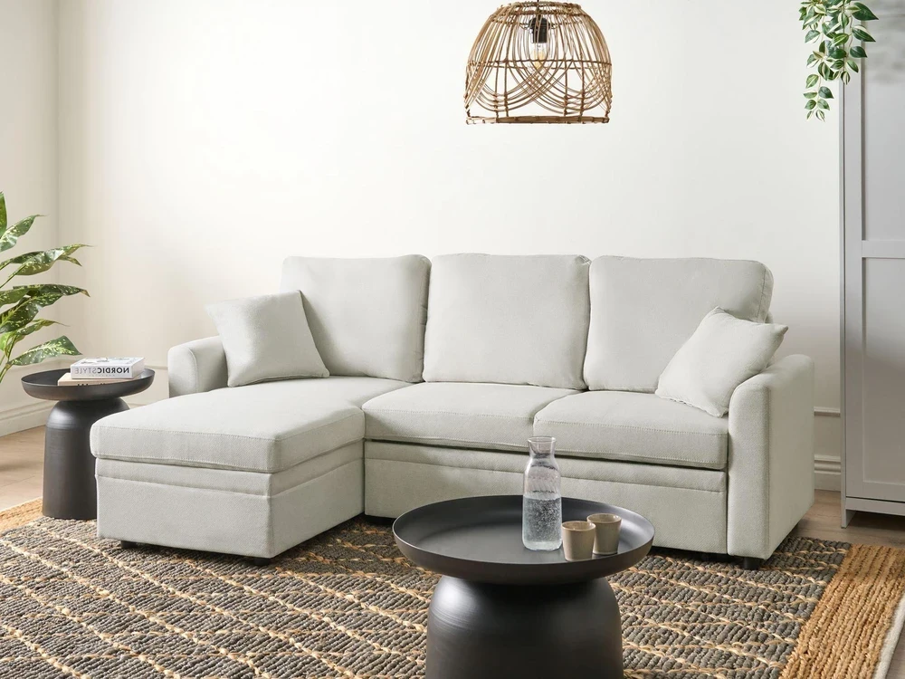 Beliani Išskleidžiama 3 vietų kampinė sofa NASSJO sintetinis linas šviesiai smėlio spalvos dešininė