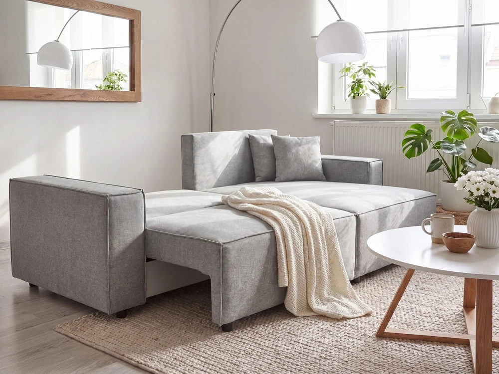 Beliani Išskleidžiama 3 vietų kampinė sofa KARILA, pilka, su daiktadėže, kairinė