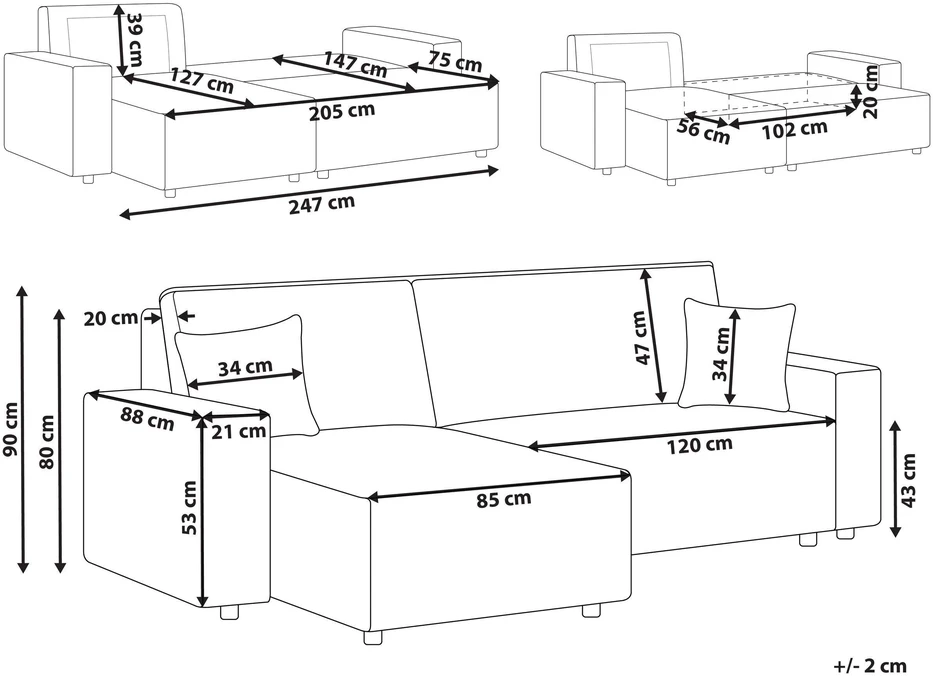 Beliani Išskleidžiama 3 vietų kampinė sofa ABACKA, velvetas, šviesiai ruda, su patalynės dėže, dešininė