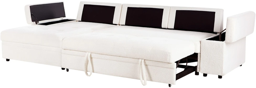 Beliani Išskleidžiama 3 vietų kampinė sofa HRISEY Boucle balta su daiktadėže, dešininė