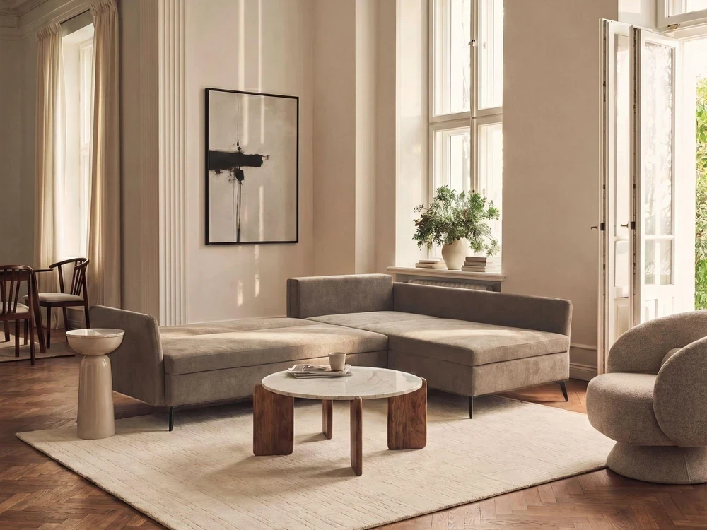 Beliani Išskleidžiama 3 vietų kampinė sofa KOGE, ruda, su patalynės dėže, kairinė