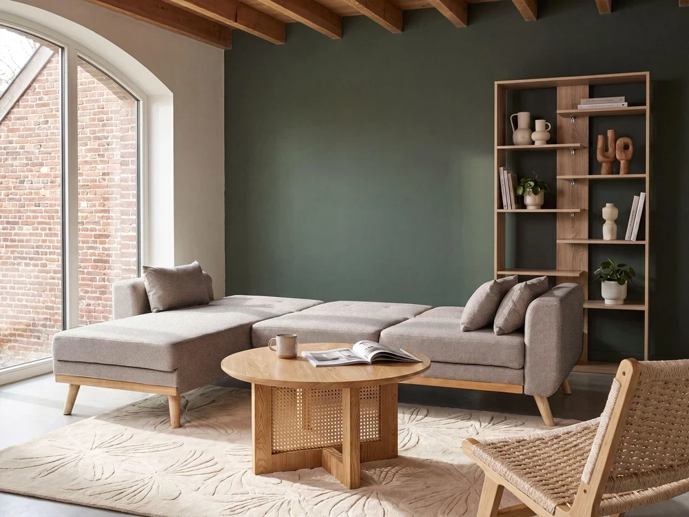 Beliani Išskleidžiama 3 vietų kampinė sofa KAARINA, smėlio spalvos, dešininė