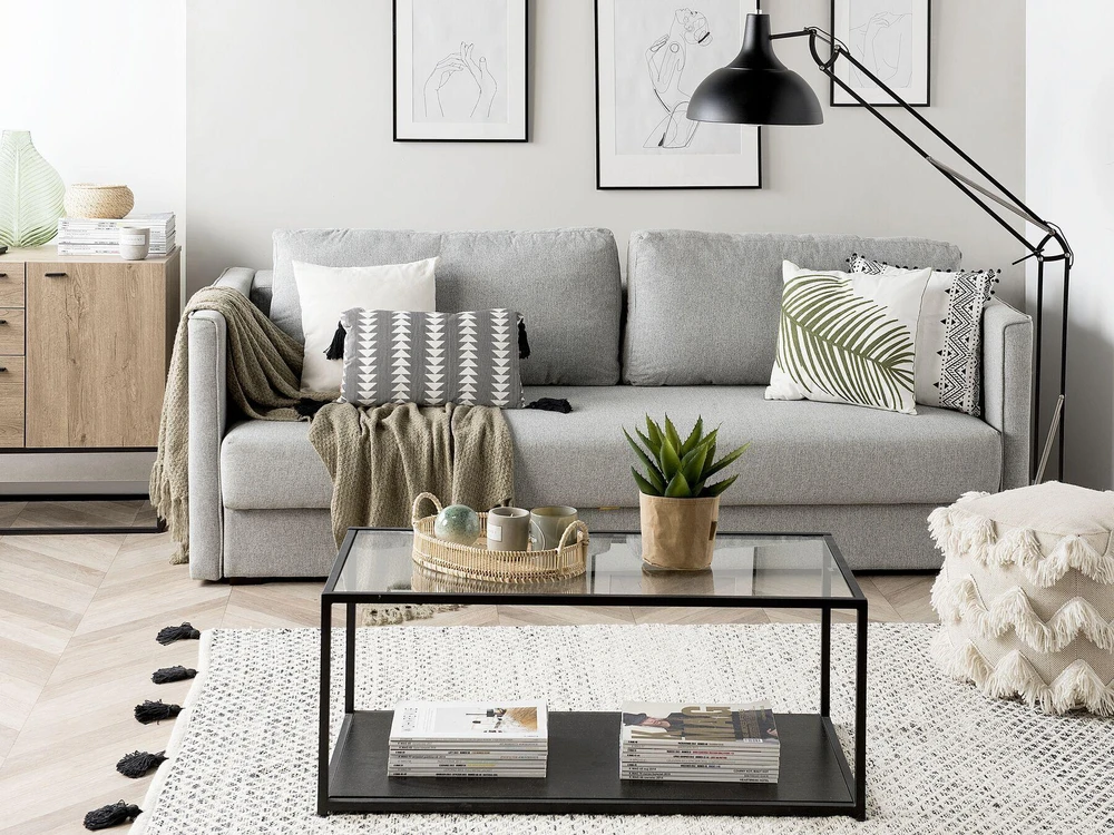 Beliani Išskleidžiama 3 vietų sofa EKSJO šviesiai pilka su patalynės dėže