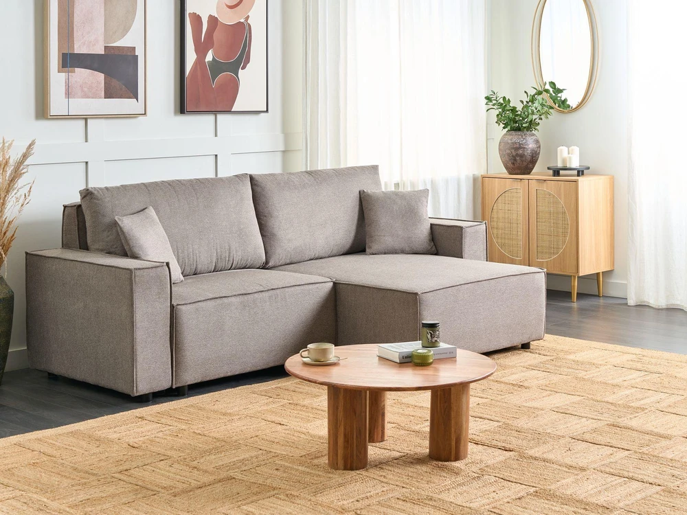 Beliani Išskleidžiama 3 vietų sofa-lova KARILA, smėlio pilkumo spalvos, su patalynės dėže, kairinė