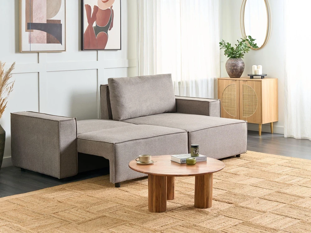Beliani Išskleidžiama 3 vietų sofa-lova KARILA, smėlio pilkumo spalvos, su patalynės dėže, kairinė