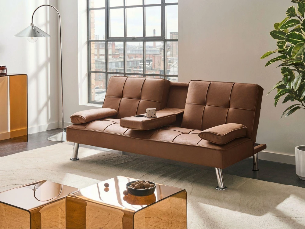 Beliani Išskleidžiama 3 vietų sofa ROXEN ekologiška oda, auksinė ruda